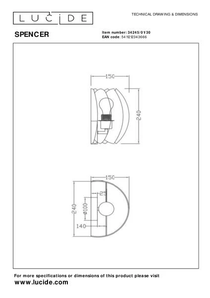 Lucide SPENCER - Wandlamp - 1xE27 - Zwart - technisch